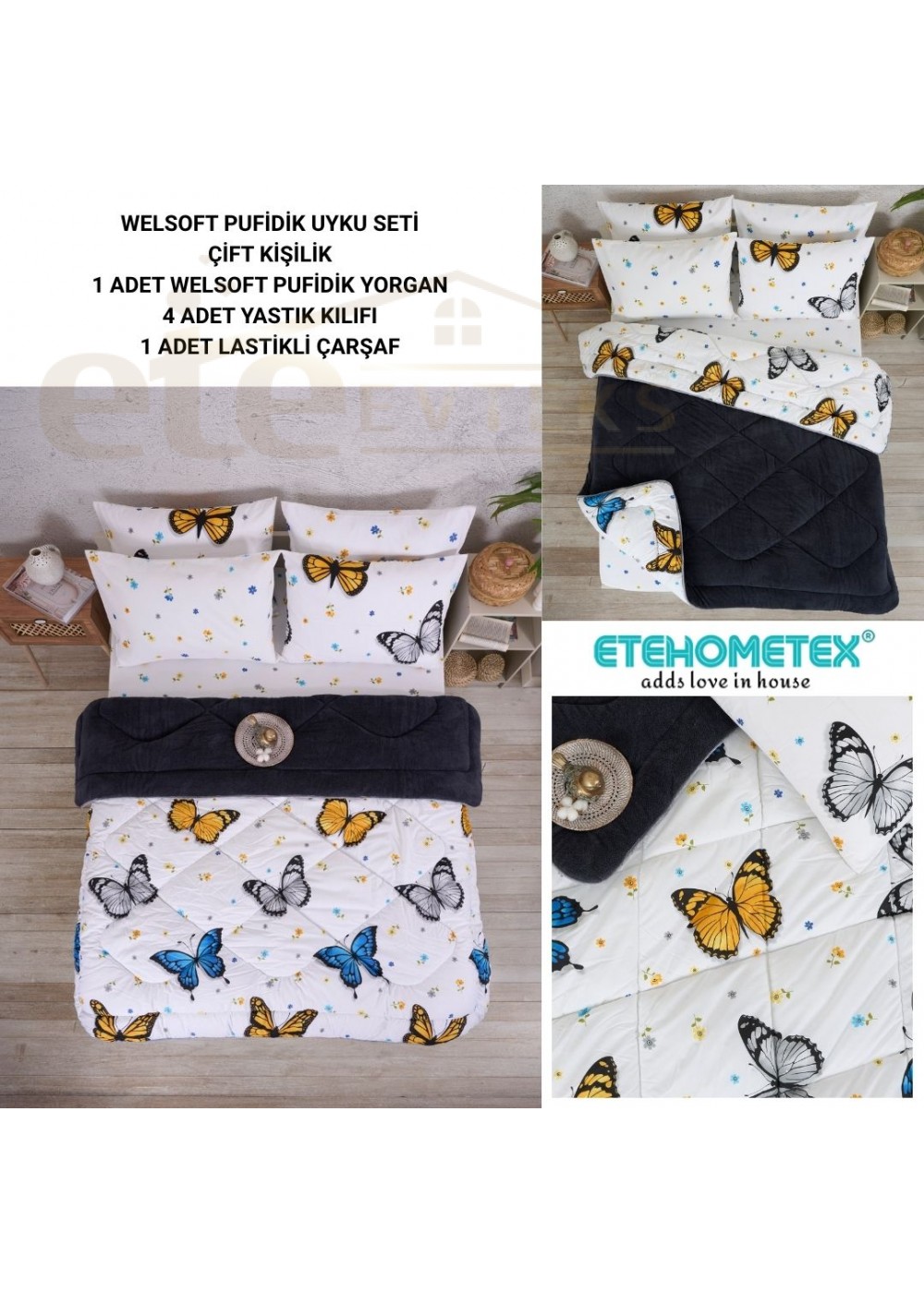 ETE HOMETEX ÇİFT KİŞİLİK WELSOFT UYKU SETİ KELEBEK ANTRASİT 8696474231862 ETE HOMETEX ÇİFT KİŞİLİK WELSOFT UYKU SETİ KELEBEK ANTRASİT 8696474231862